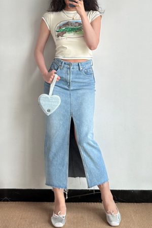 High-Waisted Water-Washed Denim Split Skirt for Women - Mid-Length Slimming Fitted Pencil Skirt in European & American Style