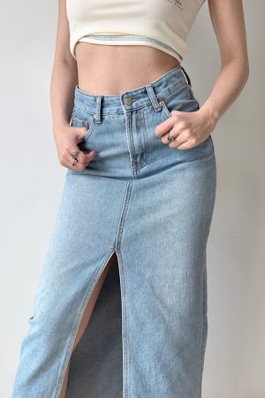 High-Waisted Water-Washed Denim Split Skirt for Women - Mid-Length Slimming Fitted Pencil Skirt in European & American Style