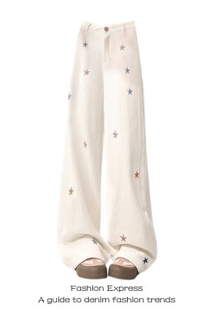 High-Waisted White Star Embroidered Denim Pants for Women, Loose Straight Wide-Leg Trousers, Autumn Winter Fashion
