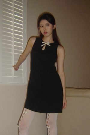 Hollow Bow Slim Fit A-Line Short Dress - Spring/Summer 2025 Thousand Gold Design, Perfect for 90s and Y2K Inspired Fashion