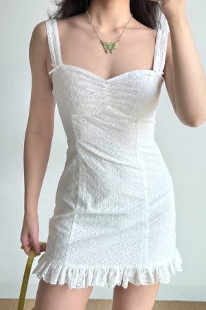 Hollow Embroidery White Short Dress for Women - Slim Fit Spaghetti Strap Summer Dress in European American Style