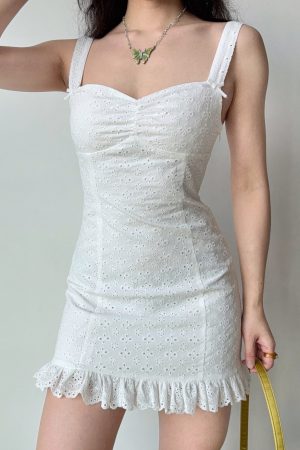 Hollow Embroidery White Short Dress for Women - Slim Fit Spaghetti Strap Summer Dress in European American Style