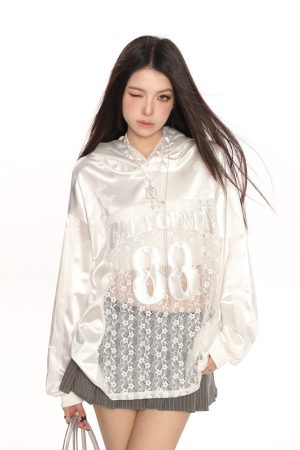 Hollow Lace Baseball Jacket for Women â€“ Spring Loose Raglan Top, Trendy Hot Girl Jersey, Casual Street Style