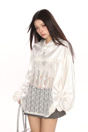 Hollow Lace Baseball Jacket for Women â€“ Spring Loose Raglan Top, Trendy Hot Girl Jersey, Casual Street Style