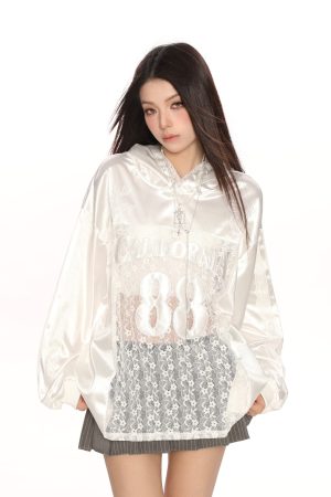 Hollow Lace Baseball Jacket for Women â€“ Spring Loose Raglan Top, Trendy Hot Girl Jersey, Casual Street Style