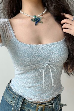 Hollow Lace Trim Square Neck Short Sleeve T-Shirt for Women - Summer Slim Fit Top in European & American Style