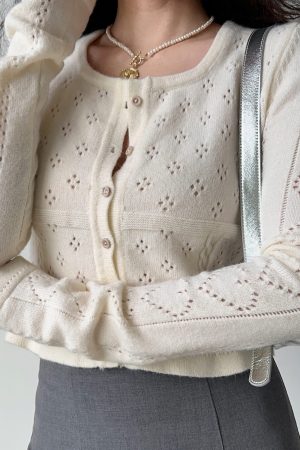 Hollow Square Neck Knitted Cardigan - Women's Slim Fit Short Long Sleeve Top in European American Style, Trendy Y2K Fashion