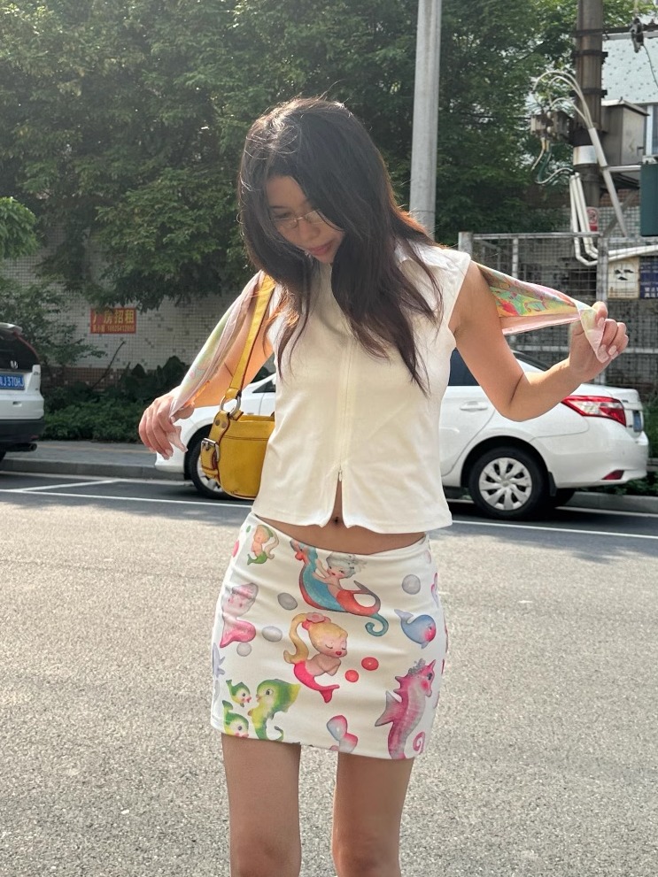 Hot Girl Clown Fish Print Bodycon Mini Skirt - 2025 Summer Niche Design, Trendy Y2K Style Hot Girl Clown Fish Print Bodycon Mini Skirt - 2025 Summer Niche Design, Trendy Y2K Style