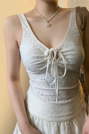 Hot Girl Solid Color Strap Hollow Textured Camisole - Versatile Slim Fit Waist-Defining Top for Y2K and Korean Style Fashion