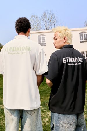 Ice Silk Short Sleeve Shirt - American Vintage Draped Letter Design, Unisex Thin Style, Trendy 2025 Look, Cool Feel Fashion