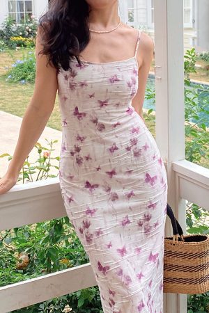 Ink Wash Butterfly Print Backless Bodycon Camisole Dress - Slim Sexy Fitted Style for 90s Y2K Fashion Lovers