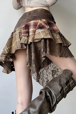 Intricate Spliced Design Half Skirt for Women - Irregular Checkered Pleated Skirt, Chic Wasteland Style