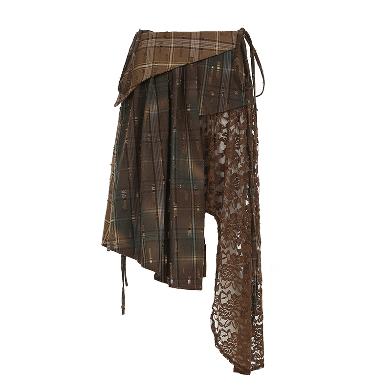 Irregular Plaid Lace Spliced Leather Short Skirt - Vintage Versatile Slim-Fit Midi Skirt for Y2K and Wasteland Academy Style Irregular Plaid Lace Spliced Leather Short Skirt - Vintage Versatile Slim-Fit Midi Skirt for Y2K and Wasteland Academy Style