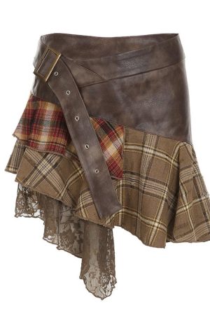 Irregular Plaid Lace Spliced Leather Short Skirt - Vintage Versatile Slim-Fit Midi Skirt for Y2K and Wasteland Academy Style