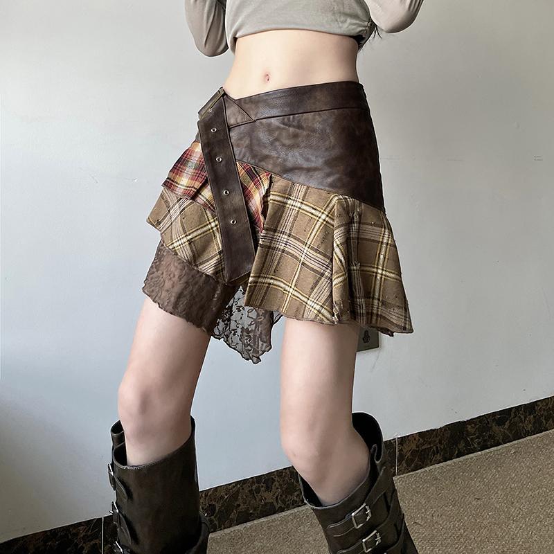 Irregular Plaid Lace Spliced Leather Short Skirt - Vintage Versatile Slim-Fit Midi Skirt for Y2K and Wasteland Academy Style Irregular Plaid Lace Spliced Leather Short Skirt - Vintage Versatile Slim-Fit Midi Skirt for Y2K and Wasteland Academy Style