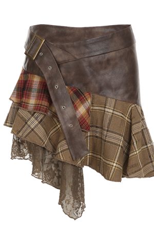 Irregular Plaid Lace Spliced Leather Short Skirt - Vintage Versatile Slim-Fit Midi Skirt for Y2K and Wasteland Academy Style