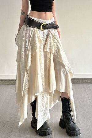 Irregular Vintage Holiday Style Lace Splicing A-Line Half Skirt - Slimming Versatile Long Skirt for Effortless Chic Looks