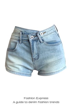 Irregular Washed Denim Shorts with Double Buckle for Women â€“ Sexy Slim Fit Buttock-Hugging Hot Pants for Autumn & Winter Style