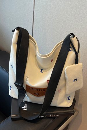 Japanese Harajuku Canvas Bag for Women - 2025 Letter Embroidery, Single Shoulder Crossbody, Lazy Style Commuting Tote