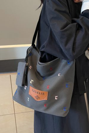 Japanese Harajuku Canvas Bag for Women - 2025 Letter Embroidery, Single Shoulder Crossbody, Lazy Style Commuting Tote