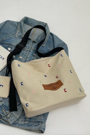 Japanese Harajuku Canvas Bag for Women - 2025 Letter Embroidery, Single Shoulder Crossbody, Lazy Style Commuting Tote