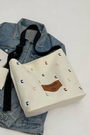 Japanese Harajuku Canvas Bag for Women - 2025 Letter Embroidery, Single Shoulder Crossbody, Lazy Style Commuting Tote