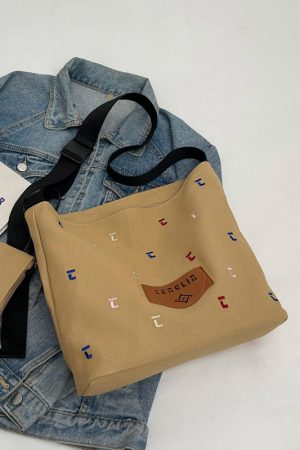 Japanese Harajuku Canvas Bag for Women - 2025 Letter Embroidery, Single Shoulder Crossbody, Lazy Style Commuting Tote