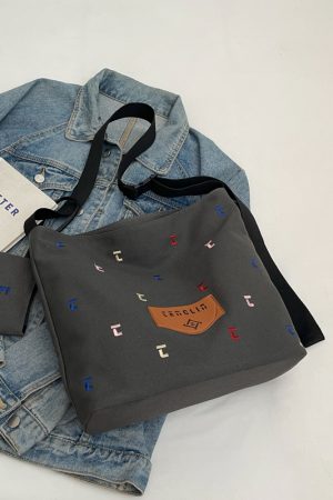 Japanese Harajuku Canvas Bag for Women - 2025 Letter Embroidery, Single Shoulder Crossbody, Lazy Style Commuting Tote