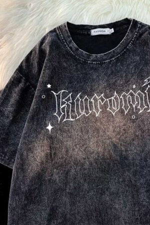 Japanese Kuromi Print Vintage Black Cotton Short Sleeve T-Shirt for Men, Loose Fit High Street Trendy Wear