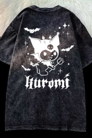 Japanese Kuromi Print Vintage Black Cotton Short Sleeve T-Shirt for Men, Loose Fit High Street Trendy Wear