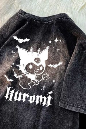 Japanese Kuromi Print Vintage Black Cotton Short Sleeve T-Shirt for Men, Loose Fit High Street Trendy Wear
