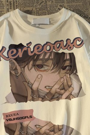 Japanese Retro Cartoon Anime Short Sleeve T-Shirt for Men and Women, Plus Size, Loose Fit, Pure Cotton, Y2K Couple Style