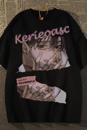 Japanese Retro Cartoon Anime Short Sleeve T-Shirt for Men and Women, Plus Size, Loose Fit, Pure Cotton, Y2K Couple Style