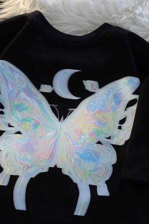 Japanese-Style Butterfly Print Cotton Short Sleeve T-Shirt for Men and Women, Plus Size Loose Summer Couple Top