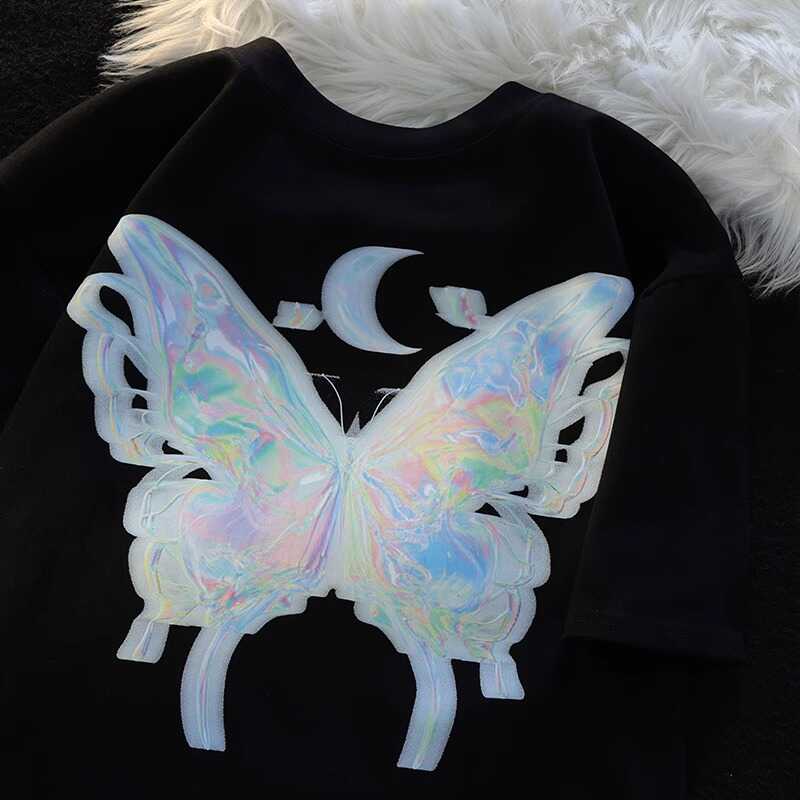 Japanese-Style Butterfly Print Cotton Short Sleeve T-Shirt for Men and Women, Plus Size Loose Summer Couple Top Japanese-Style Butterfly Print Cotton Short Sleeve T-Shirt for Men and Women, Plus Size Loose Summer Couple Top