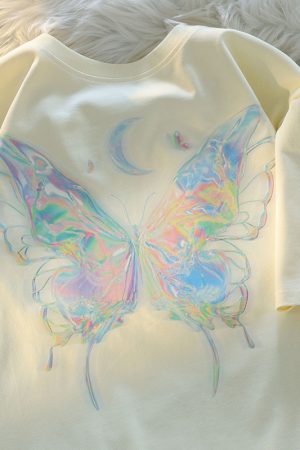 Japanese-Style Butterfly Print Cotton Short Sleeve T-Shirt for Men and Women, Plus Size Loose Summer Couple Top