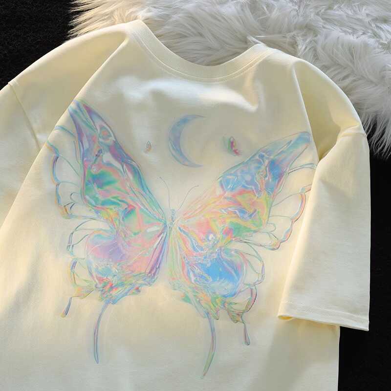 Japanese-Style Butterfly Print Cotton Short Sleeve T-Shirt for Men and Women, Plus Size Loose Summer Couple Top Japanese-Style Butterfly Print Cotton Short Sleeve T-Shirt for Men and Women, Plus Size Loose Summer Couple Top