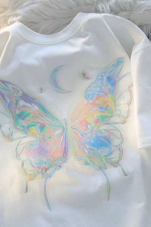 Japanese-Style Butterfly Print Cotton Short Sleeve T-Shirt for Men and Women, Plus Size Loose Summer Couple Top