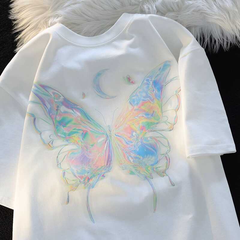 Japanese-Style Butterfly Print Cotton Short Sleeve T-Shirt for Men and Women, Plus Size Loose Summer Couple Top Japanese-Style Butterfly Print Cotton Short Sleeve T-Shirt for Men and Women, Plus Size Loose Summer Couple Top