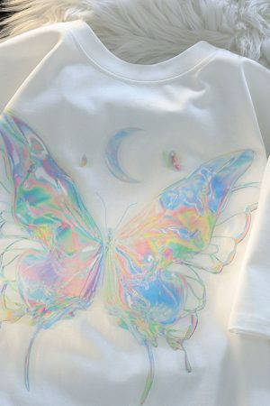 Japanese-Style Butterfly Print Cotton Short Sleeve T-Shirt for Men and Women, Plus Size Loose Summer Couple Top