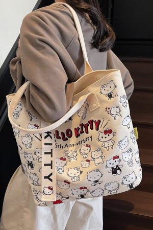 Japanese-Style Cartoon Canvas Tote Bag for Women - Large Capacity Student Shoulder Bag for Summer Commuting and Classes