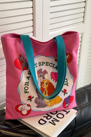 Japanese-Style Cartoon Canvas Tote Bag for Women, Large Capacity Commuter Shoulder Bag for Students, Hand-Held Book Bag