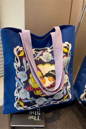 Japanese-Style Cartoon Canvas Tote Bag for Women, Large Capacity Commuter Shoulder Bag for Students, Hand-Held Book Bag