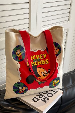 Japanese-Style Cartoon Canvas Tote Bag for Women, Large Capacity Commuter Shoulder Bag for Students, Hand-Held Book Bag