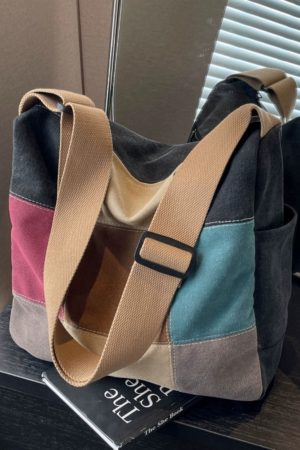 Japanese-Style Color-Blocking Retro Canvas Bag - Large Capacity Women's Shoulder Crossbody Bag for Students, 2025 Trend