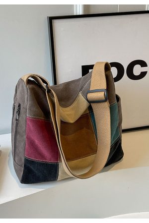 Japanese-Style Color-Blocking Retro Canvas Bag - Large Capacity Women's Shoulder Crossbody Bag for Students, 2025 Trend