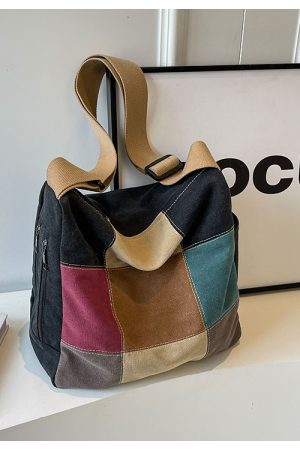 Japanese-Style Color-Blocking Retro Canvas Bag - Large Capacity Women's Shoulder Crossbody Bag for Students, 2025 Trend