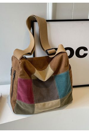 Japanese-Style Color-Blocking Retro Canvas Bag - Large Capacity Women's Shoulder Crossbody Bag for Students, 2025 Trend