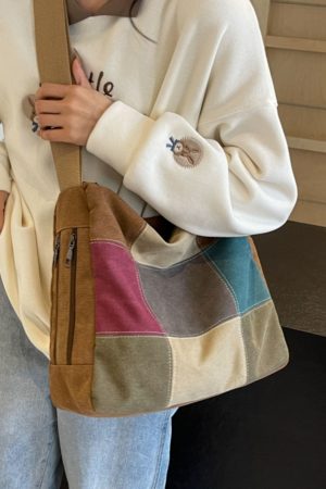 Japanese-Style Color-Blocking Retro Canvas Bag - Large Capacity Women's Shoulder Crossbody Bag for Students, 2025 Trend