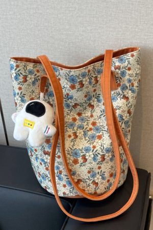 Japanese-Style Floral Canvas Bucket Bag for Women - 2025 Versatile Large Capacity Shoulder Tote for Commuting